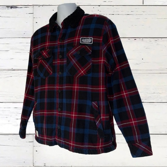 Hurley Sherpa Lined Plaid Jacket Men’s Medium Red Blue Flannel Coat - Picture 4 of 10
